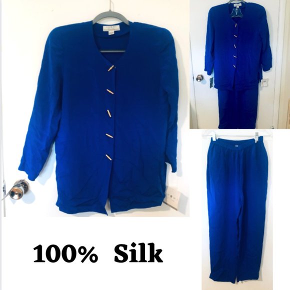 Vintage Shomi by Miller Shor Petite 100% Silk Pant Suit Size 8 NWT - Picture 1 of 9
